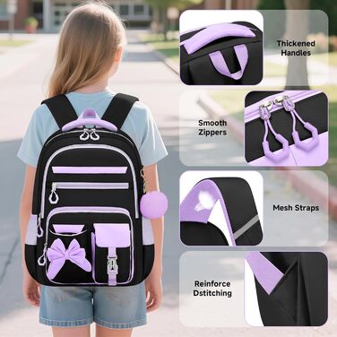 Шкільний рюкзак для дівчаток 3 в 1: рюкзак, ланч-бокс, пенал. Kawaii дизайн, 3-7 клас, для гімназії. Антикрадіжна сумка, 24L, фіолетово-чорний колір.