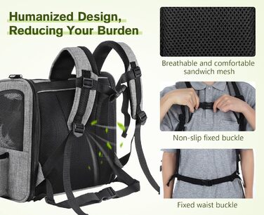 Pecute Pet Carrier Backpack with Mesh Window - Portable & Foldable Cat Carrier, Breathable & Lightweight Dog Carrier - Waterproof Oxford Cloth, Large Capacity, Non-Slip Gray