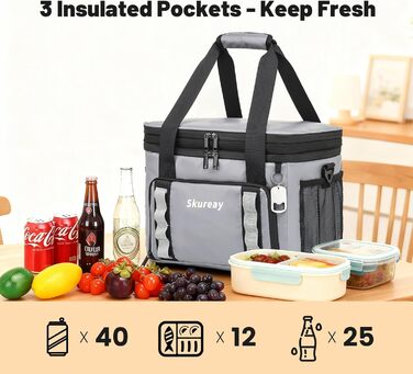 Велика розширювана сумка-холодильник з м'якого матеріалу, двоярусна ланч-сумка для жінок та чоловіків, вміщує 40 банок, вологостійка та портативна – ідеально для пляжу, кемпінгу, подорожей (Сірий)