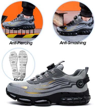 Черевики безпеки для чоловіків та жінок. Спортивні, дихаючі, з металевим підноском, антиковзаючі. Розміри 36-46 EU, колір сірий.