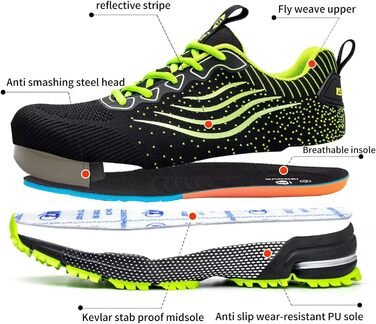 Зручні робочі черевики ISOOUS з металевим підноском для чоловіків та жінок. Легкі, дихаючі, неслизькі, захисні черевики, 42 EU, зелені.