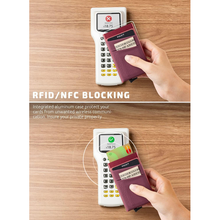 Чоловіче картхолдер VULKIT з RFID NFC захистом та відділенням для грошей - компактний картхолдер для 5-7 карток та банкнот (вишневий)