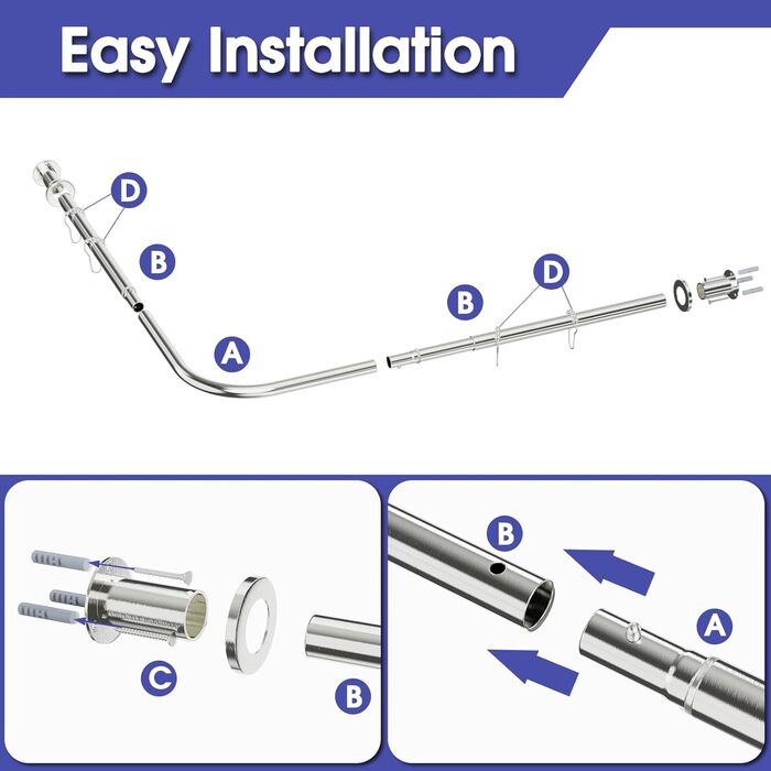 Регульована кутова штанга для душу L-Form, 68–96 см × 68–96 см, нержавіюча сталь, вологостійка та антикорозійна, з 12 кільцями та комплектом кріплень, срібна