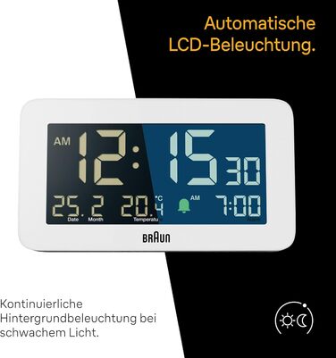 Braun Digital Alarm Clock with Date, Month, and Temperature Display, Negative LCD Display, Quick Set Function, and Gradual Alarm Sound in White, Model BC10W.