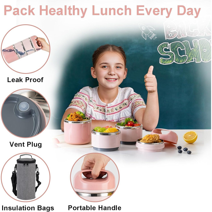 Ланчбокс Lille Home 1.43L з нержавіючої сталі - ізольований, без BPA, для дорослих (рожевий)