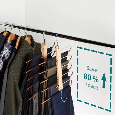 2 Pack Space-Saving Multi-Tiered Hanger - 5 in 1 Pants & Clothes Hanger Made of Wood and Stainless Steel Extendable - Foldable Multi-Hanger - Clothes Hanger Holder - Magic Pant Hangers
