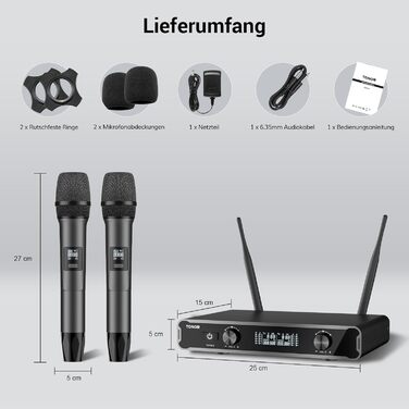 TONOR Система мікрофонів Dual Wireless, бездротова караоке мікрофонна система, 60м радіус дії, сірий колір
