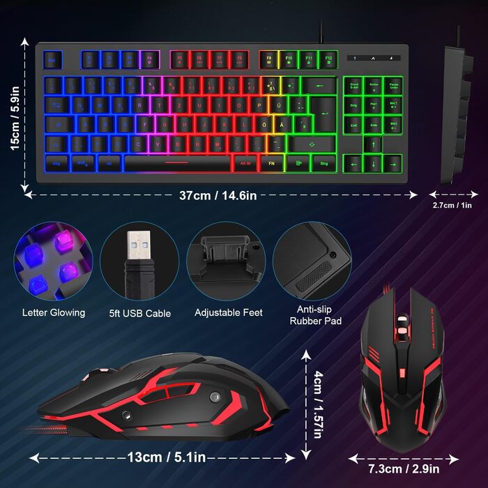Ігровий набір клавіатури та миші, QWERTZ DE, 75% TKL, RGB, провідна, ергономічна, 4 кольори LED, великий килимок, USB, Plug & Play для ПК