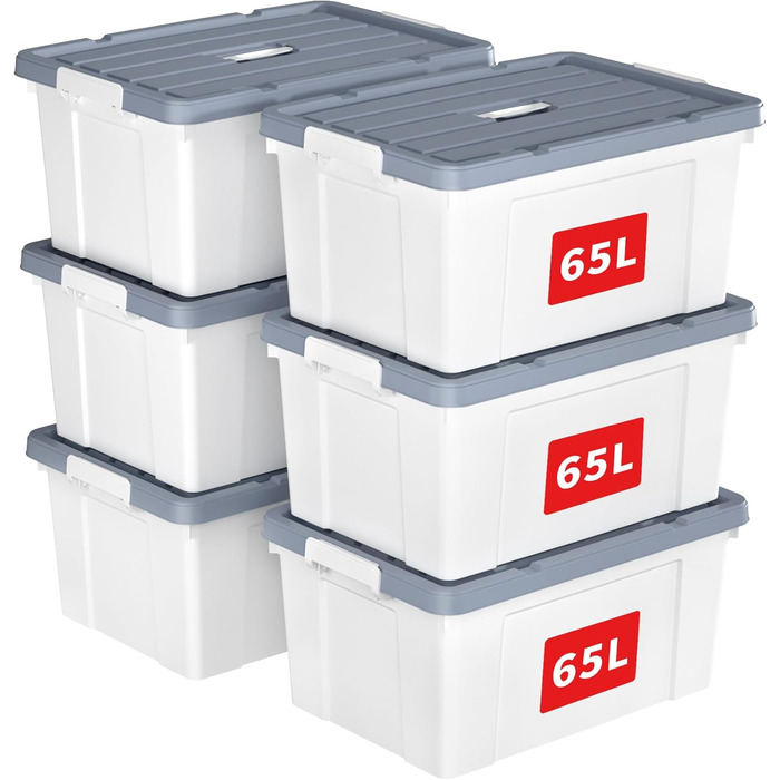 Cetomo Plastic Storage Box - Box with Durable Lid and Safety Closure, Stackable and Nestable, 3-Pack, White (65L * 6)