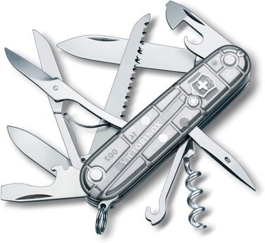 Швейцарський ніж Victorinox Huntsman: мультитул з 15 функціями, ніж, відкривачка для пляшок, консервний ніж, прозора срібляста коробка
