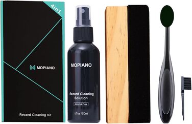 Набір для чищення вінілових платівок Mopiano: повний 4-в-1 очищувач для платівок, з м'якою замшевою щіткою, рідиною для чищення LP, щіткою для картриджів та нейлоновою щіткою