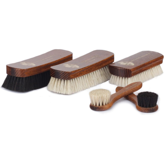 Langer & Messmer 4-Piece Shoe Brush Set made of Horsehair for the professional shoe care of smooth leather shoes - includes polishing brushes and cream brushes (5-piece set, Essential)