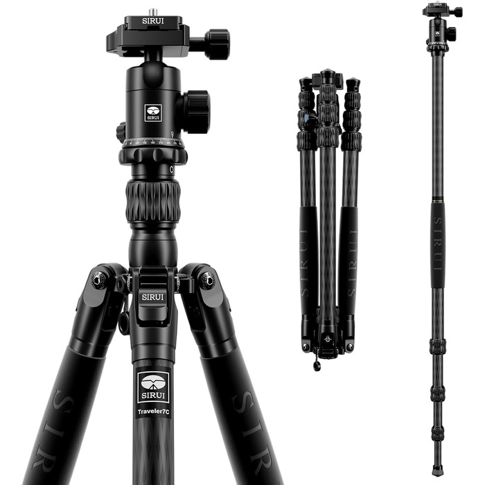 Штатив SIRUI Traveler 7C з вуглецевого волокна, 166 см з кульковою головкою E-10 360°, сумісний з Arca Swiss, вантажопідйомність 8 кг, перетворюється на монопод