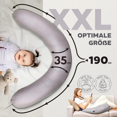 Подушка для вагітних та годування Sei Design XXL 190x35 см, мусліновий чохол (Taupe), ергономічна, з органічної бавовни