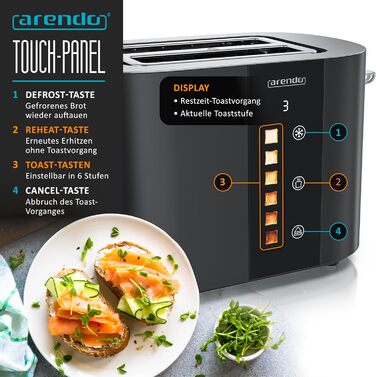 Тостер Arendo з нержавіючої сталі, 2 відділення, сенсорний екран, подвійні стінки, 800 Вт, підставка для тостів, 6 рівнів підсмажування, центрування хліба, індикатор часу, функція пам'яті, колір: чорний