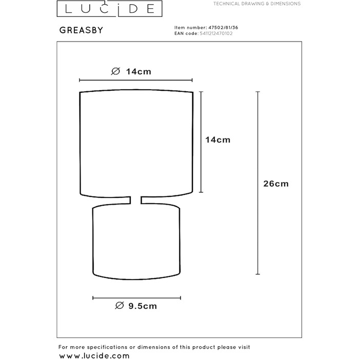 Лампа настільна LUCIDE GREASBY сірого кольору, діаметр 14 см, 1xE14