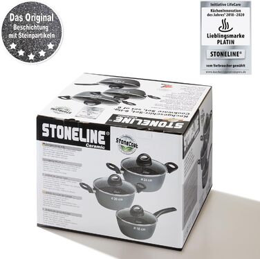 STONELINE Ceramic Cookware Set, 6-Piece, 18/20/24cm Pots with Lids. PFAS-Free, Non-Stick Pot. Suitable for Induction and All Cooktops with Ceramic Coating and Real Stone Particles. Cookware Set, Grey, 6-Piece