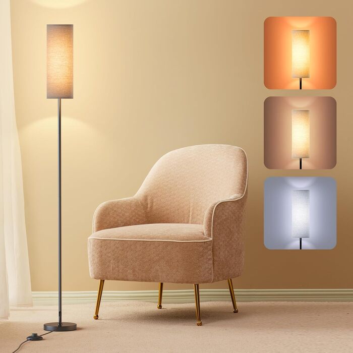 Світлодіодна торшерна лампа 9W з регулюванням яскравості, 3 колірні температури, тканинний абажур, вимикач на нозі, вінтажний дизайн, сірий колір