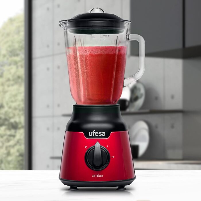 Ufesa Stand Mixer BS4100 Amber Red, 0.8L Glass Jar, Pulse/Ice Crush Function, 2 Speeds + Pulse, 4 Stainless Steel Blades, 900W, Airtight Seal, BPA-Free, Red Inox, Amazon Exclusive 900W 0.8L