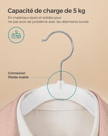 SONGMICS Плечики для одягу з оксамиту, 20 шт., для сорочок, жакеток, пальто та костюмів, білі, 41,5 см, обертаються на 360°