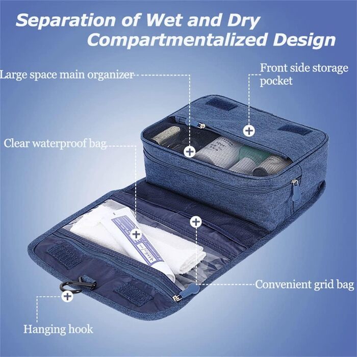 Сумка-органайзер для подорожей, сіра (блакитна), з металевим гачком та багатьма відділеннями