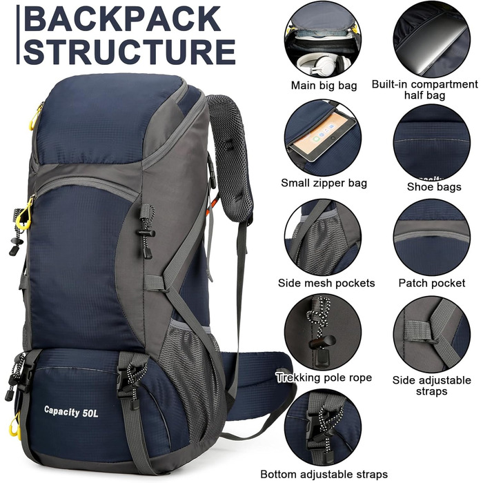 Jianyana Wanderrucksack 50L Trekking Backpack Rain Cover Travel Backpack Waterproof Camping Backpack for Hiking Camping Mountaineering Travel Sports Men Women (Blue)