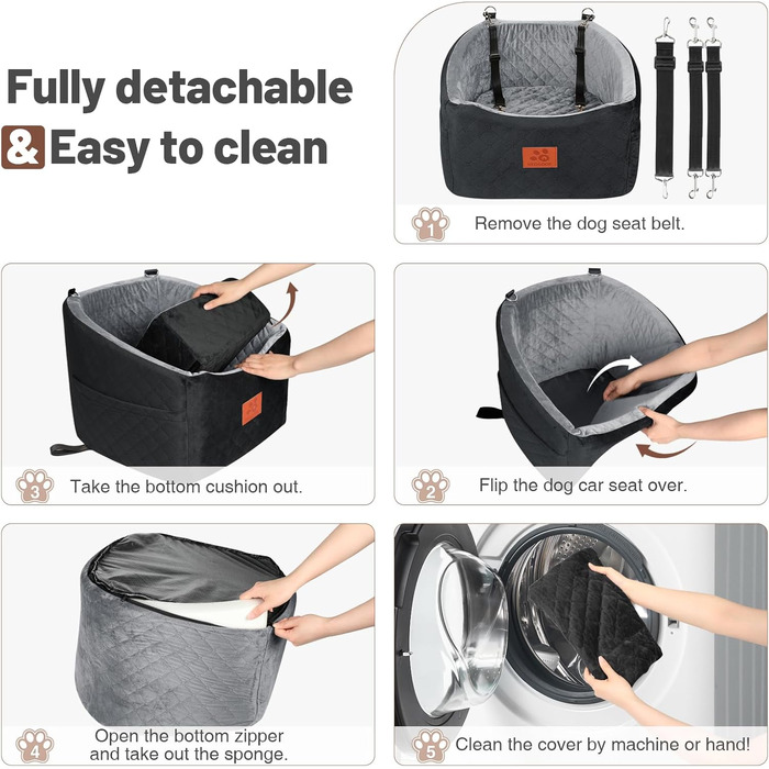 Автокрісло для собак HEGGOOE, чорно-сіре, для малих/середніх порід, з пам'яті піною, з кишенями та страхувальними ременями