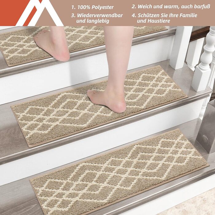 Ковзаючі сходинки для дому COSY HOMEER, 15 шт. (70 x 22 см), антиковзаючі, самоклеючі, машинне прання, 100% поліестер, TPE-підкладка, ідеально для дітей, літніх людей та домашніх тварин, бежевий ромбік
