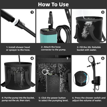 Mytrix 2024 Upgraded Portable Camping Shower Full Set: 6000mAh Rechargeable Power Suction Pump with Smart Display, Multi-Modes Spray Head & 5 Gal Water Foldable Bucket for Outdoor Travel Hiking