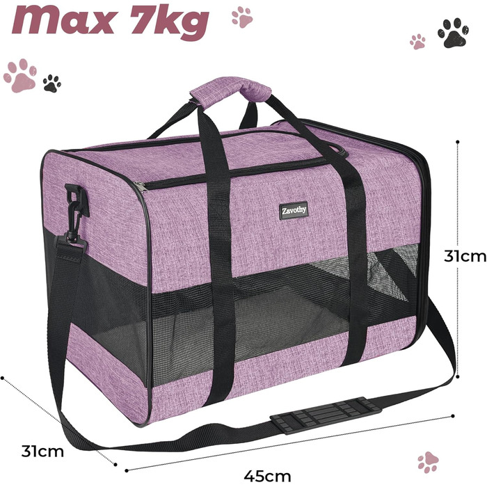 Транспортна сумка для котів та собак Zavothy, дихаюча та легка, з регульованим плечовим ременем, знімний м'який матрац (фіолетовий, L)