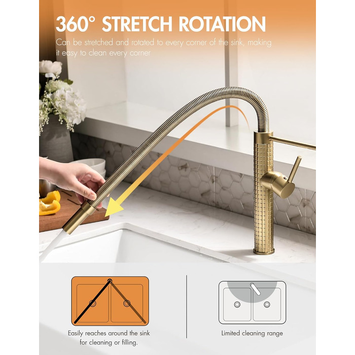 Кухонний змішувач TIMACO висувний, поворотний на 360°, золото. Змішувач для кухні, одноручний, для мийки.