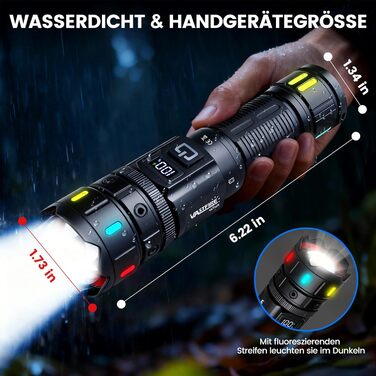 Ліхтар LED VASTFIRE 500000 люменів, тактичний, водонепроникний IP67, з LCD дисплеєм та магнітом, 30W, чорний