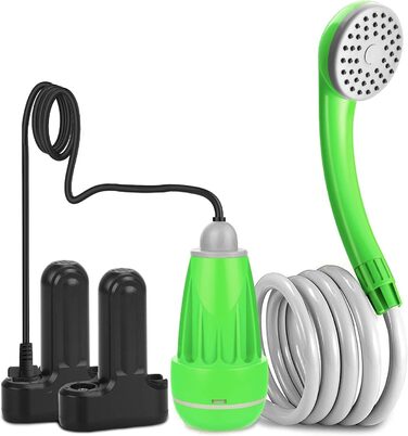 LIBERRWAY Camping Shower with Pump, Camping Shower Set with Rechargeable Battery, 2m Shower Hose Outdoor Shower for Garden Beach Camping Travel Car Washing, Mobile Shower Black (Green-2 Batteries)