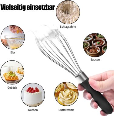 Міксер ручний кухонний Doosu 28 см, з нержавіючої сталі 18/8, 8 гнучких дротів, для змішування, збивання, приготування тіста (Чорний, S-23cm)