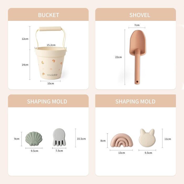Coolable 6 PCS Beach Toys for Kids, Silicone Beach Toy Set, Includes Bucket, Shovel, and 4 Sand Molds for Boys and Girls (Rainbow)