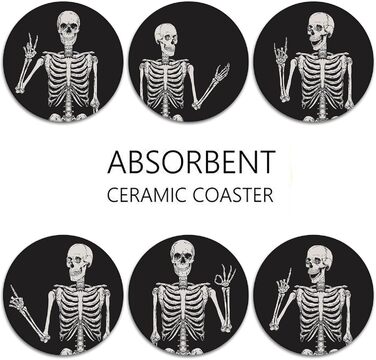 Britimes Drink Coasters, Set of 6, White Marble, Inspiring Love, Absorbent, Round, Ceramic-Stone Mat, with Cork Bottom and Metal Holder, Housewarming Gift, Bar, Decor (Skeleton)