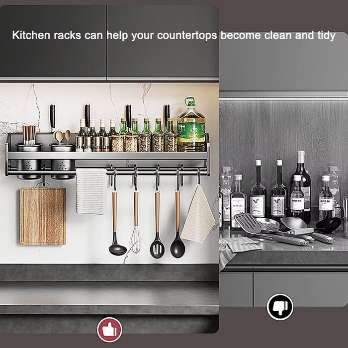 Настінна полиця для спецій, кухонна полиця без свердління, сіра, 50х13.4х12 см, з гачками та підставками для кухонного приладдя