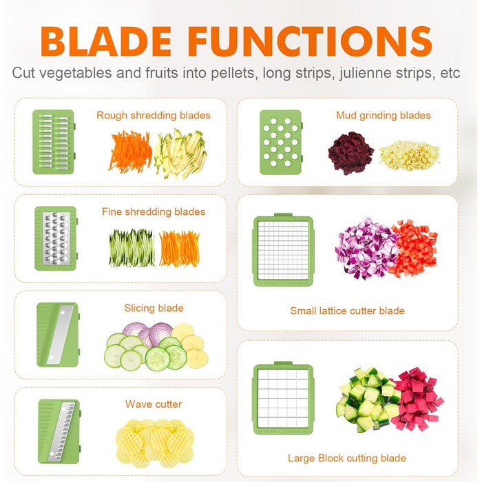 Ibergrif M521 - Набір для нарізки овочів 6-в-1, подрібнювач, кубики, слайси, 1200 мл, без BPA, для миття в посудомийній машині, чорно-зелений