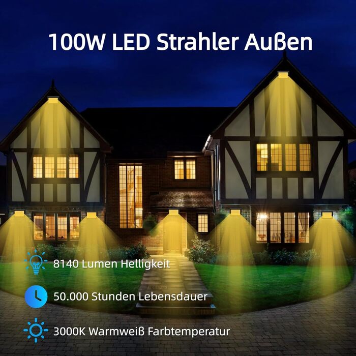 2 Pack 100W LED Flood Lights Outdoor, Super Bright 8140LM Wall Light, 3000K Warm White Outdoor Spotlights, IP66 Waterproof Floodlights, Spotlights for Backyard Driveway Doors Garage Path Garden