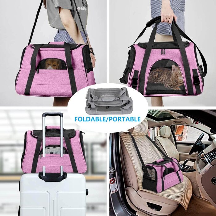 Транспортна переноска для собак та котів, складана, з м'якою підстилкою (рожева)
