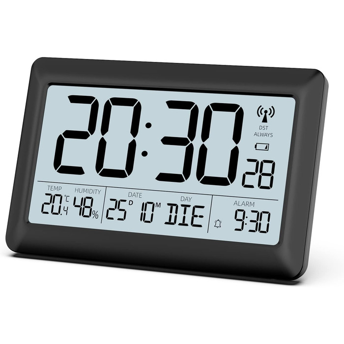 LATEC Wall Clock Digital, Digital Wall Clock with Temperature and Humidity Display, Radio Clock Digital with Backlight, Date, Day of the Week, Large, 20 x 13 x 1.2 cm (with batteries)