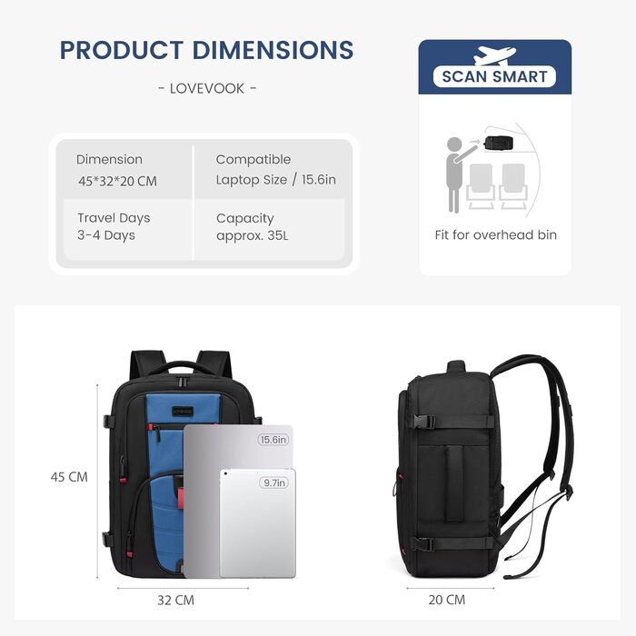 Рюкзак LOVEVOOK для ручної поклажі в літак, 40л, з відділенням для ноутбука, чорно-синій, 45 x 32 x 20 см