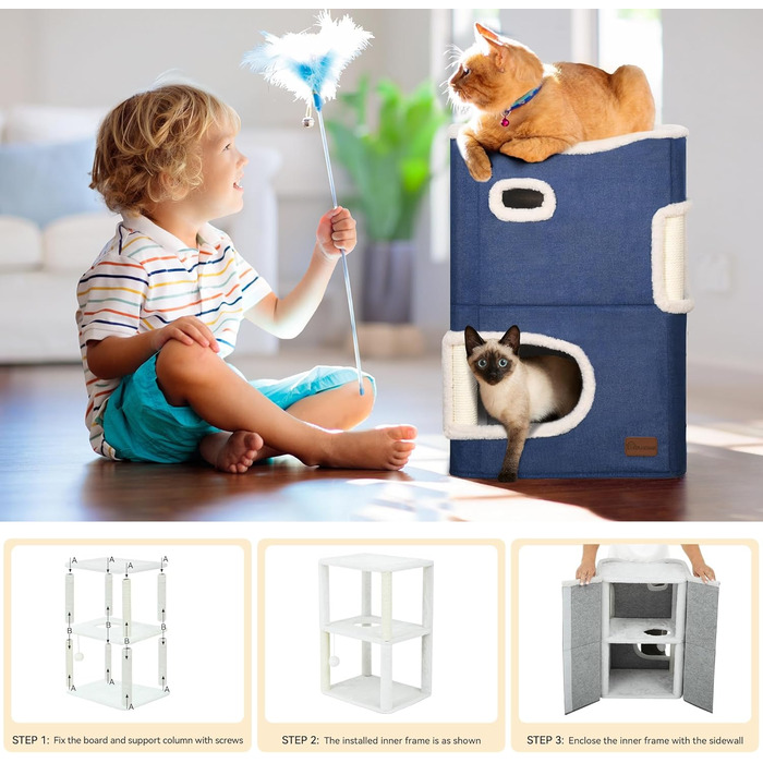 YITAHOME Cat House Indoor, Cat Bed for Indoor Cats, Cat Tunnel, Cat Cave, Small Scratching Post, Cat Furniture, Cat Bed Cave, cat caves, Cat Beds (Blue, Without Platform)