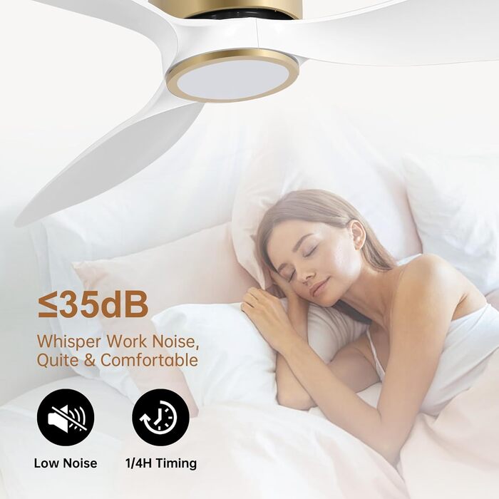 Ovlaim Стеля-вентилятор з підсвічуванням та пультом дистанційного керування, Smart вентилятор, зимовий режим, DC мотор, сумісний з Alexa/Google Home, 142 см (кришка, біле золото)