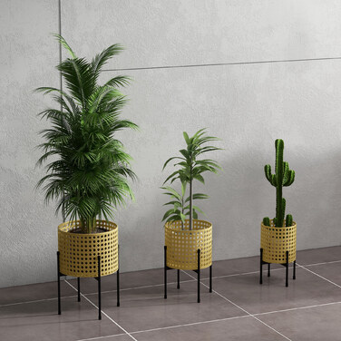 Outsunny 3-Piece Plant Stand Flower Stand with Rattan Look Made of Steel in Gold for Indoor & Outdoor