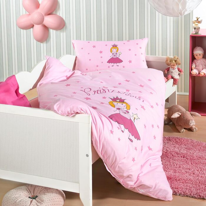 Комплект постільної білизни Kinder для дітей | 100x135 см + 40x60 см | 100% бавовна | Застібка-блискавка | Принцеси та зірки | Рожевий/Рожевий