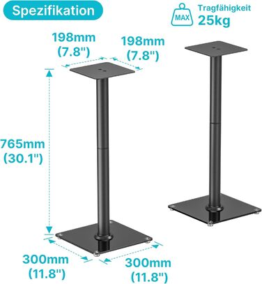 Підставка для акустики саундбару, універсальна, чорна, 76.5 см, 25 кг, з кабелеуправлінням та скляною основою (1 шт.)