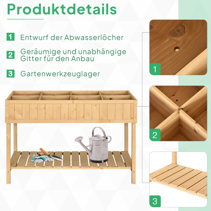 Outsunny Planting Table Raised Garden Bed Planting Table Flower Box Seedling Table 8 Compartments with Drainage, Shelf, Fir Solid Wood Natural Wood 110 x 46 x 76 cm | Aosom