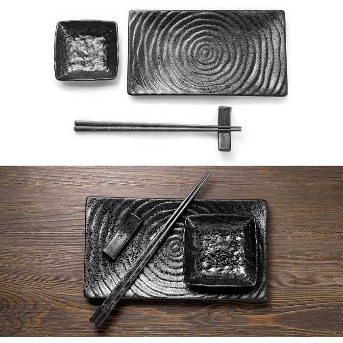 Набір посуду Юда Суші з кераміки, 8 предметів – японський посуд для 2 осіб (2 тарілки, соусники, палички та підставка) – високоякісна кераміка, підходить для мікрохвильової печі та мийки посуду – елегантний подарунок