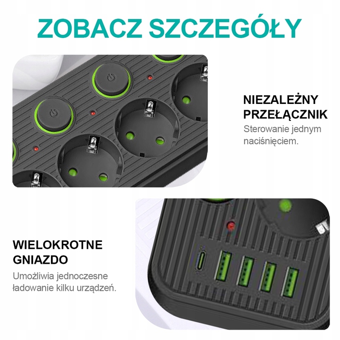 Мережевий фільтр (подовжувач) на 5 розеток, 4xUSB та 1xUSB-C, з окремими вимикачами — Чорний